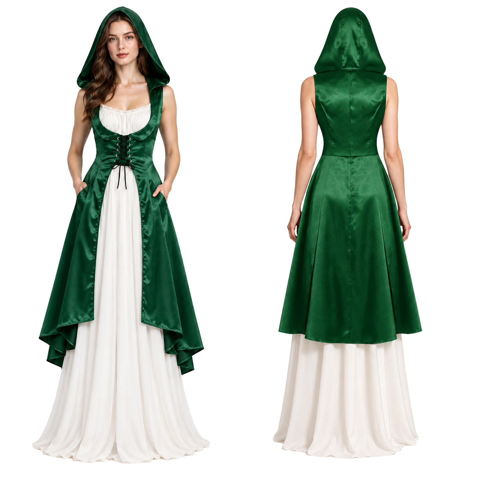 Medieval Renaissance Dress Women - Gaun dengan potongan tinggi-rendah, berkerah, dan