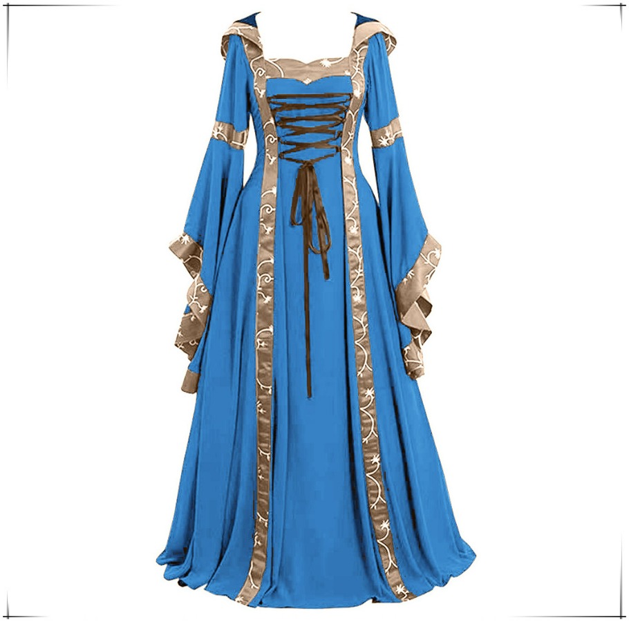 Medieval Renaissance Dress Women - Gaun Maxi Bertudung Gaya Gotik Abad